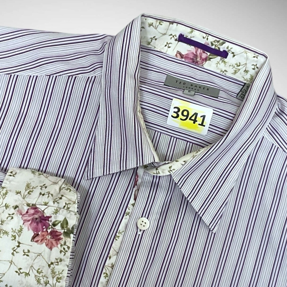 Men's Ted‎ Baker Shirt Sz 5 White Purple Striped Button Up Long Sleeve 10/12-XL